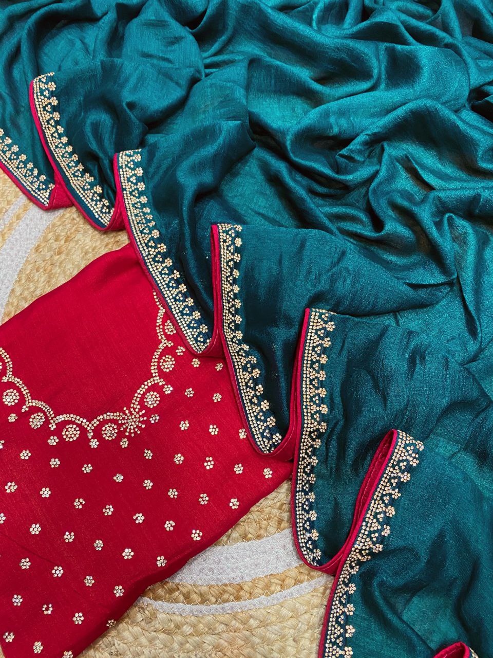 Elegant Vichitra Saree with Jharkan Border Work &amp; Contrast Designer Blouse - RAMA