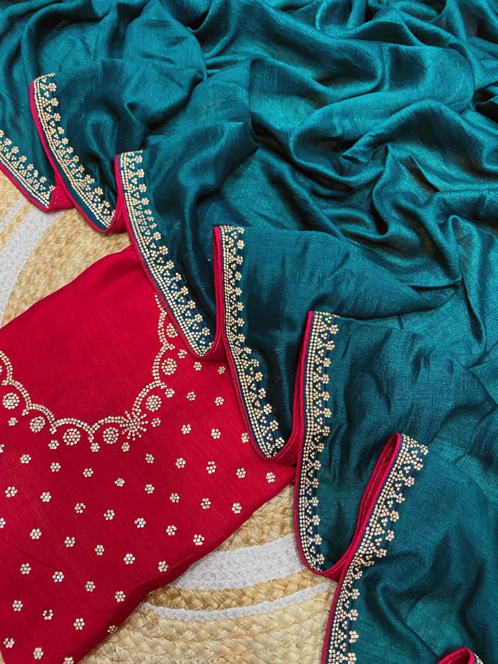 Elegant Vichitra Saree with Jharkan Border Work &amp; Contrast Designer Blouse - RAMA