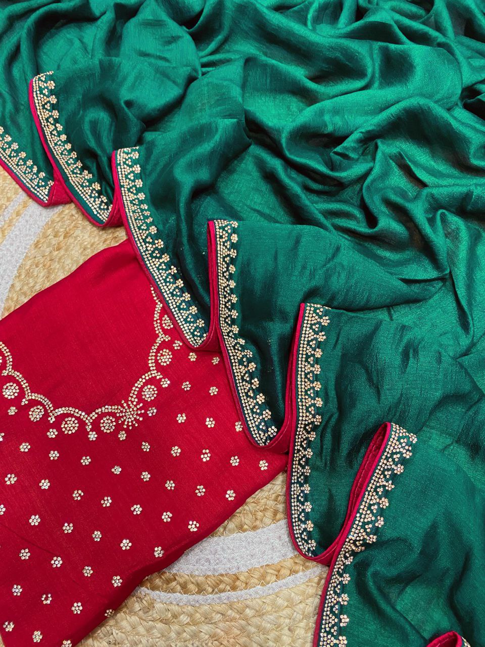 Elegant Vichitra Saree with Jharkan Border Work &amp; Contrast Designer Blouse - GREEN