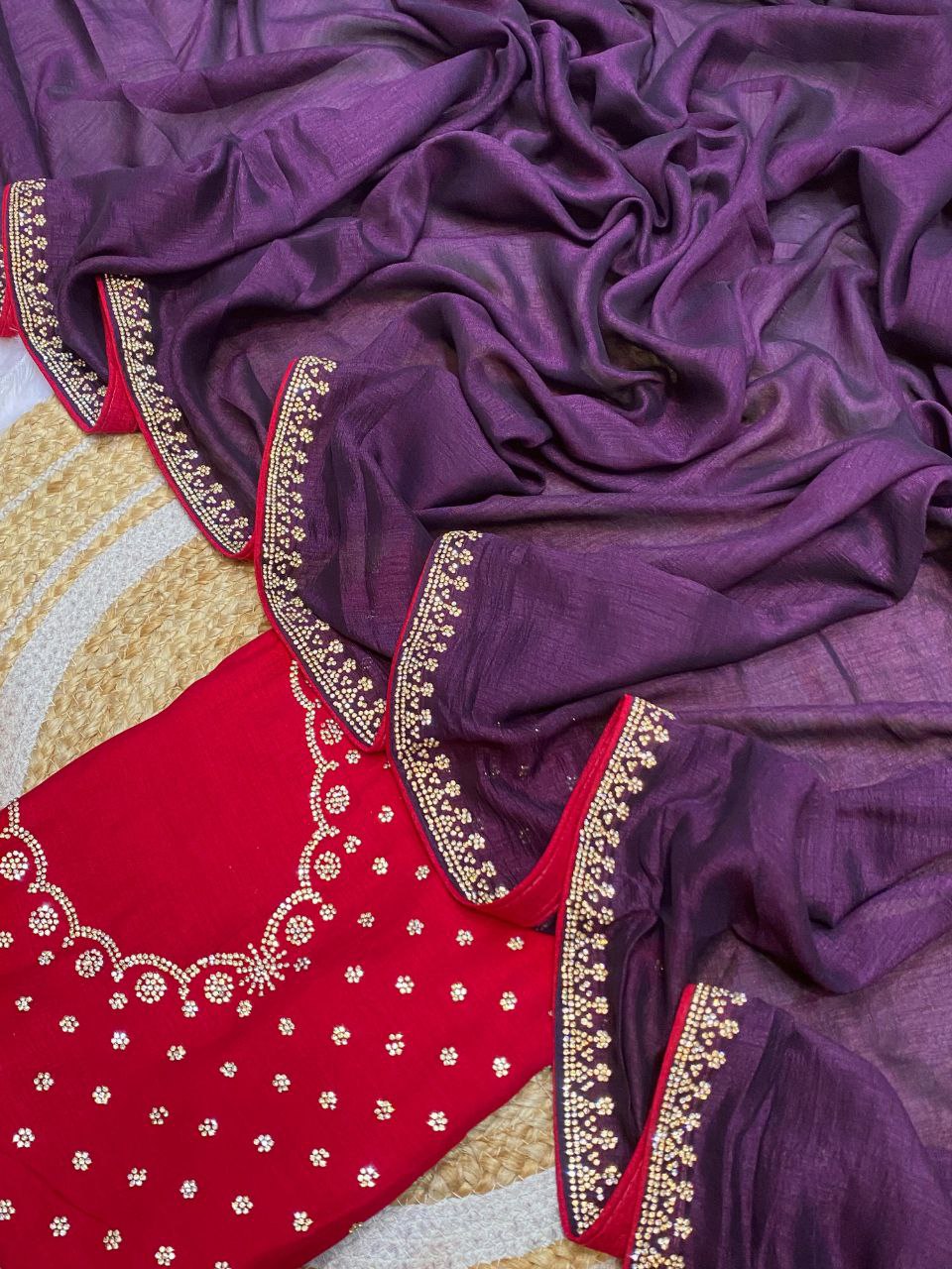 Elegant Vichitra Saree with Jharkan Border Work &amp; Contrast Designer Blouse - WINE