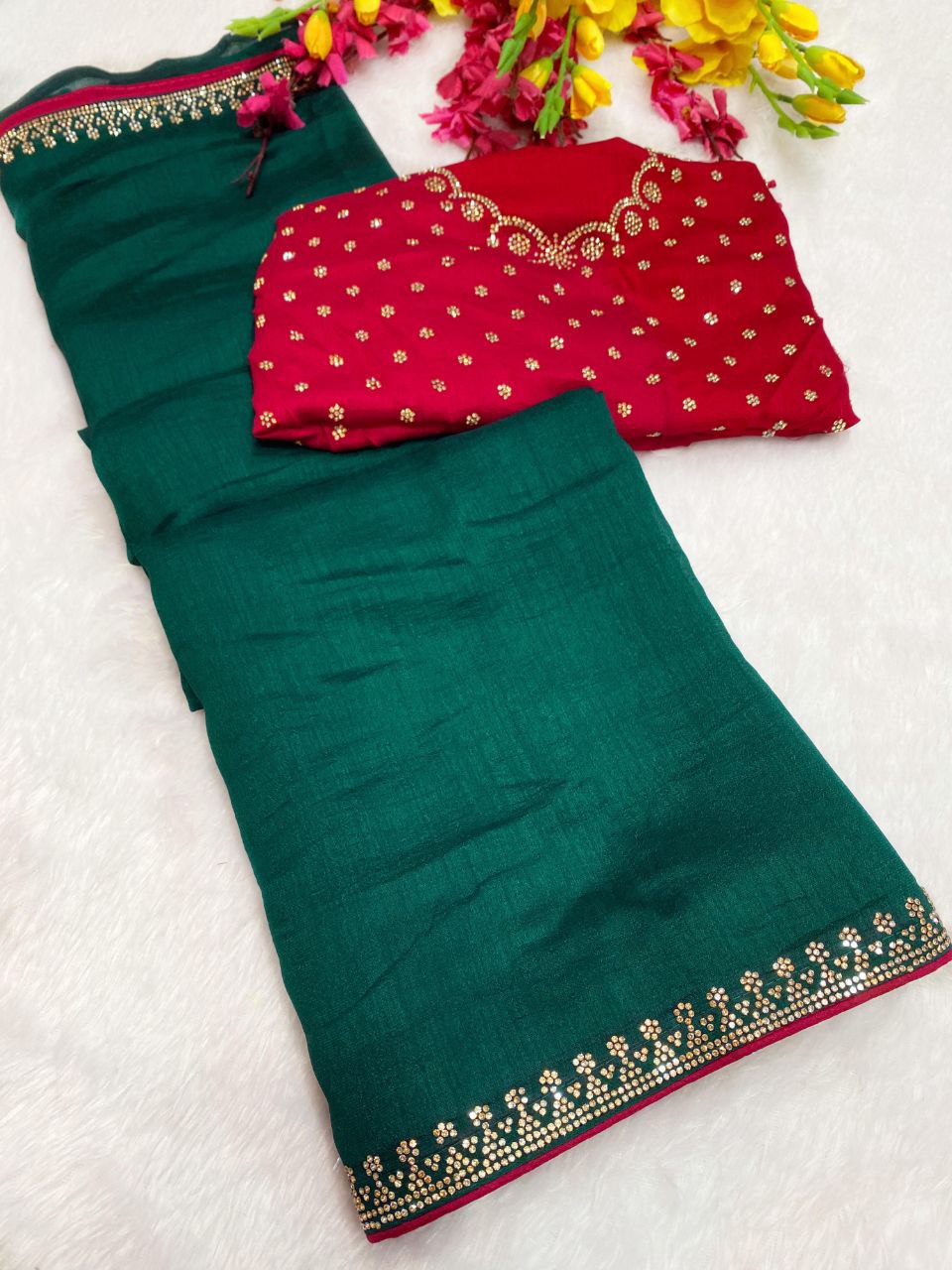 Elegant Vichitra Saree with Jharkan Border Work &amp; Contrast Designer Blouse - GREEN