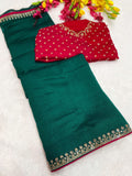 Elegant Vichitra Saree with Jharkan Border Work & Contrast Designer Blouse - GREEN