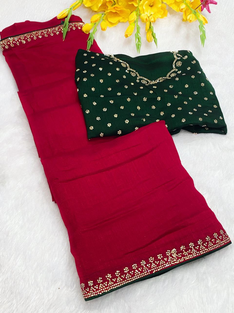 Elegant Vichitra Saree with Jharkan Border Work &amp; Contrast Designer Blouse - RED