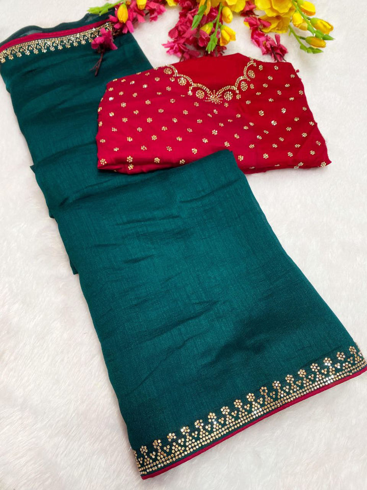 Elegant Vichitra Saree with Jharkan Border Work &amp; Contrast Designer Blouse - RAMA