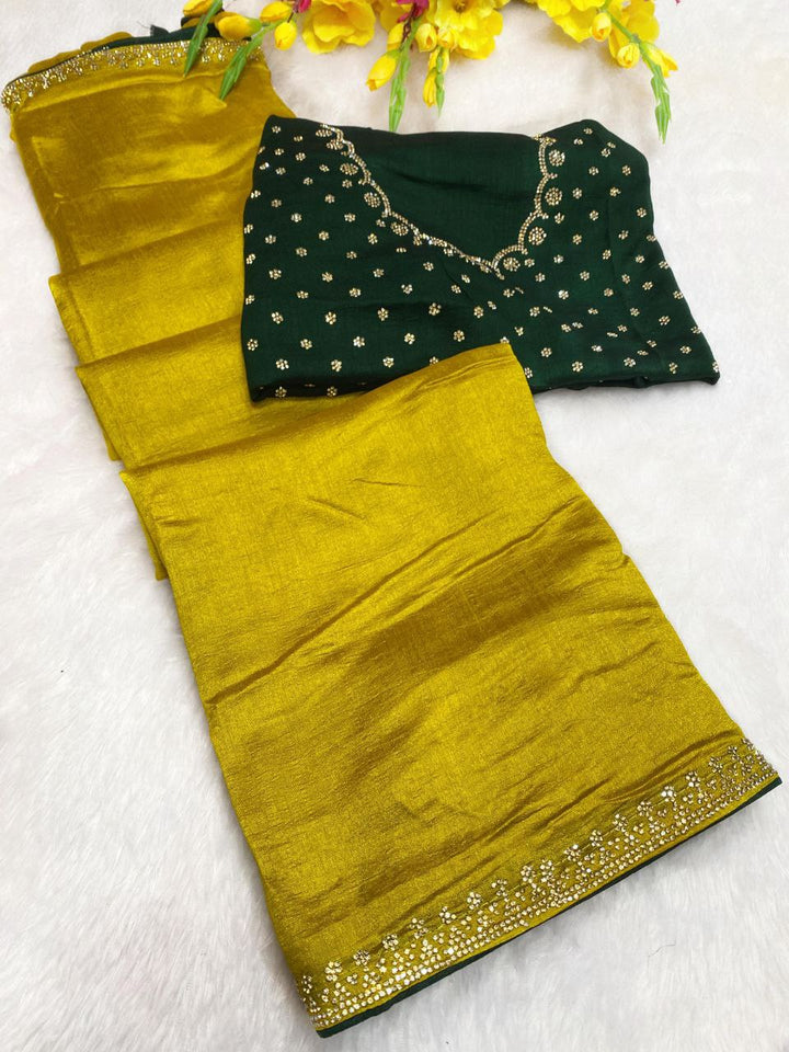 Elegant Vichitra Saree with Jharkan Border Work &amp; Contrast Designer Blouse - YELLOW
