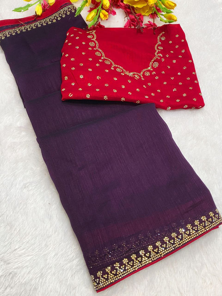 Elegant Vichitra Saree with Jharkan Border Work &amp; Contrast Designer Blouse - WINE