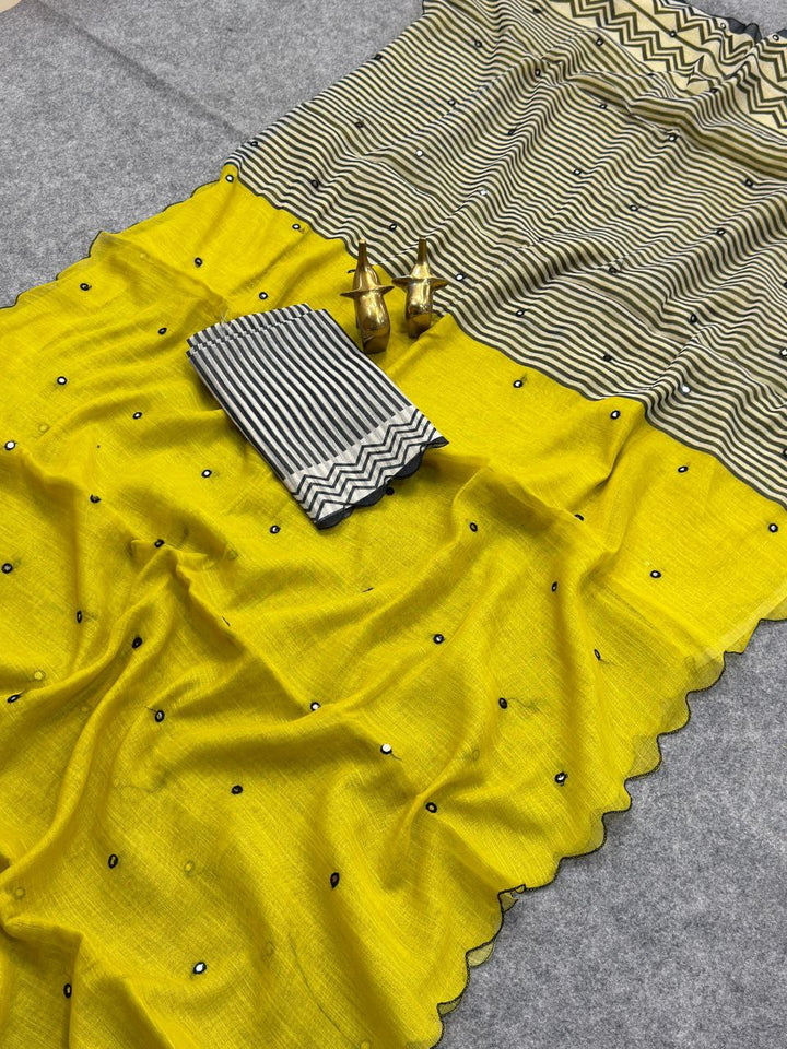 Elegant Soft Linen Cotton Saree with Aari Mirror Work &amp; Arco Border - YELLOW