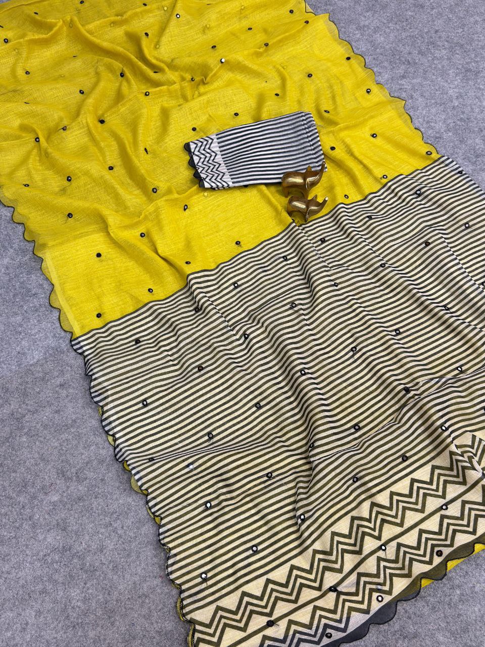 Elegant Soft Linen Cotton Saree with Aari Mirror Work &amp; Arco Border - YELLOW