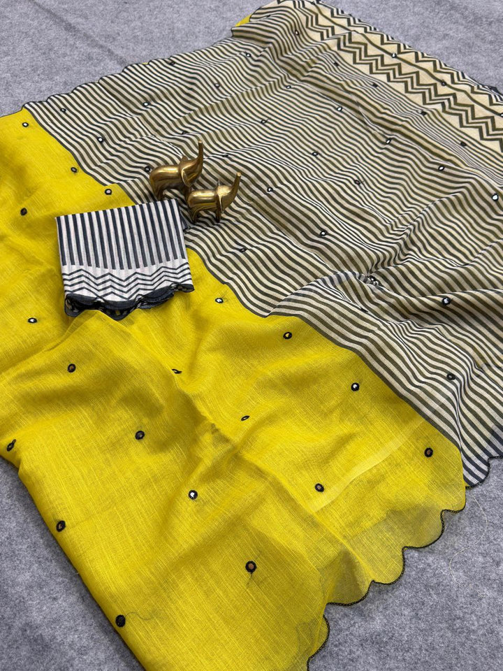 Elegant Soft Linen Cotton Saree with Aari Mirror Work &amp; Arco Border - YELLOW