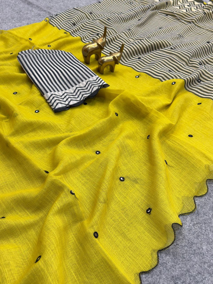 Elegant Soft Linen Cotton Saree with Aari Mirror Work &amp; Arco Border - YELLOW