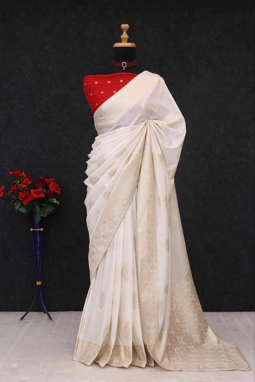 Designer Stapul Silk Saree With Rich Pallu - WHITE