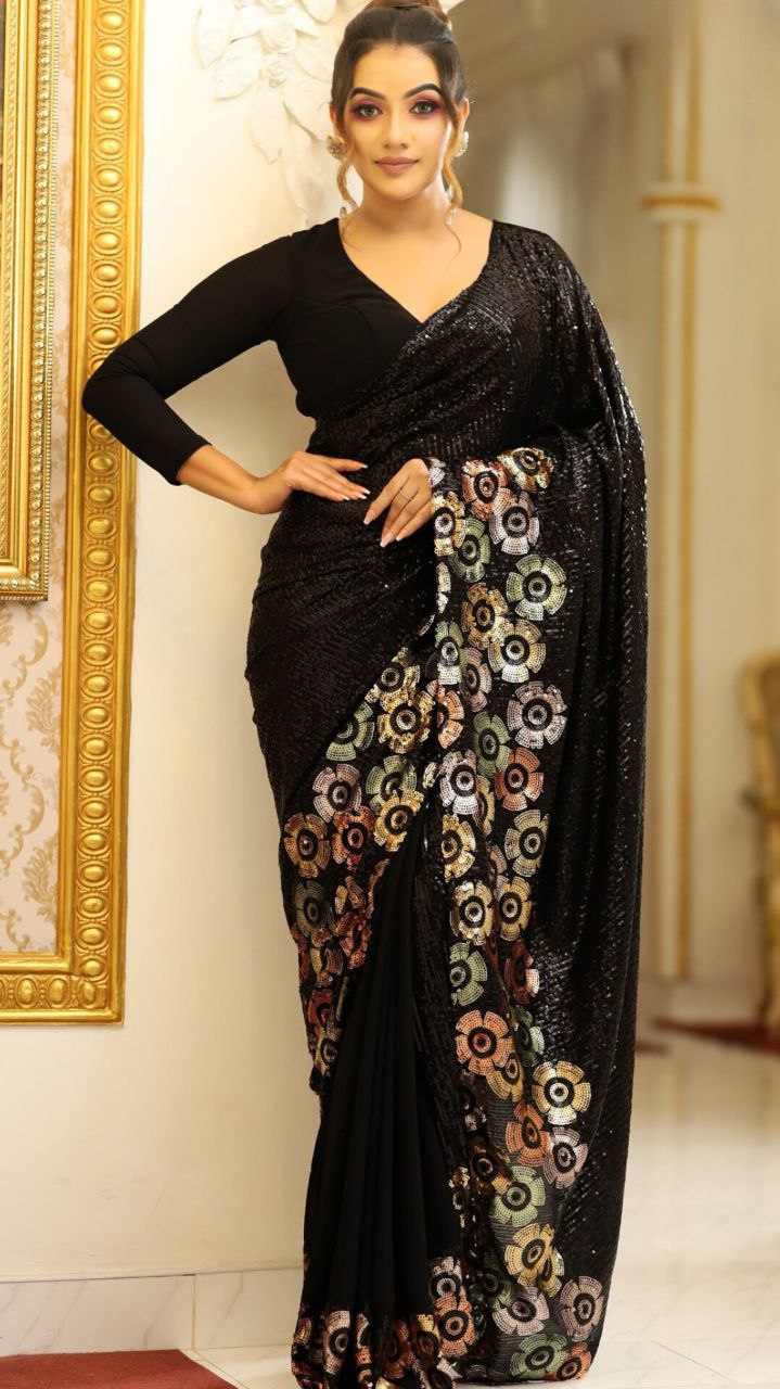 Elegant Black Sequin Saree with Multicolor Floral Border Work