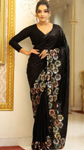 Elegant Black Sequin Saree with Multicolor Floral Border Work