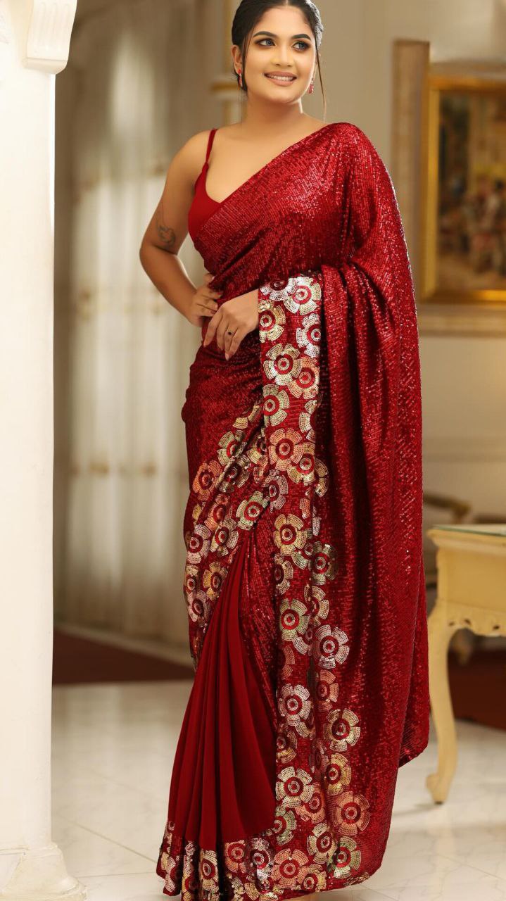 Elegant Red Sequin Saree with Multicolor Floral Border Work