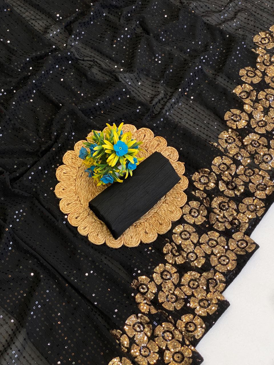 Elegant Black Sequin Saree with Multicolor Floral Border Work
