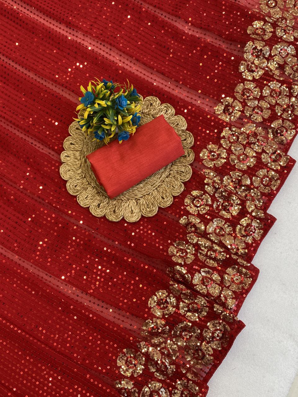 Elegant Red Sequin Saree with Multicolor Floral Border Work