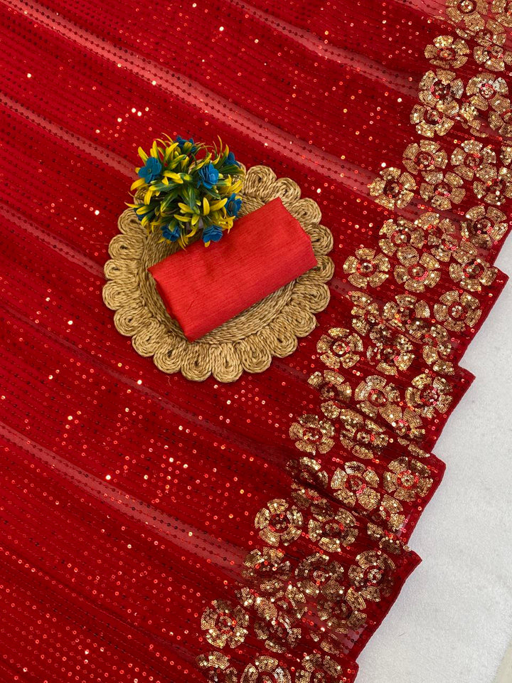 Elegant Red Sequin Saree with Multicolor Floral Border Work