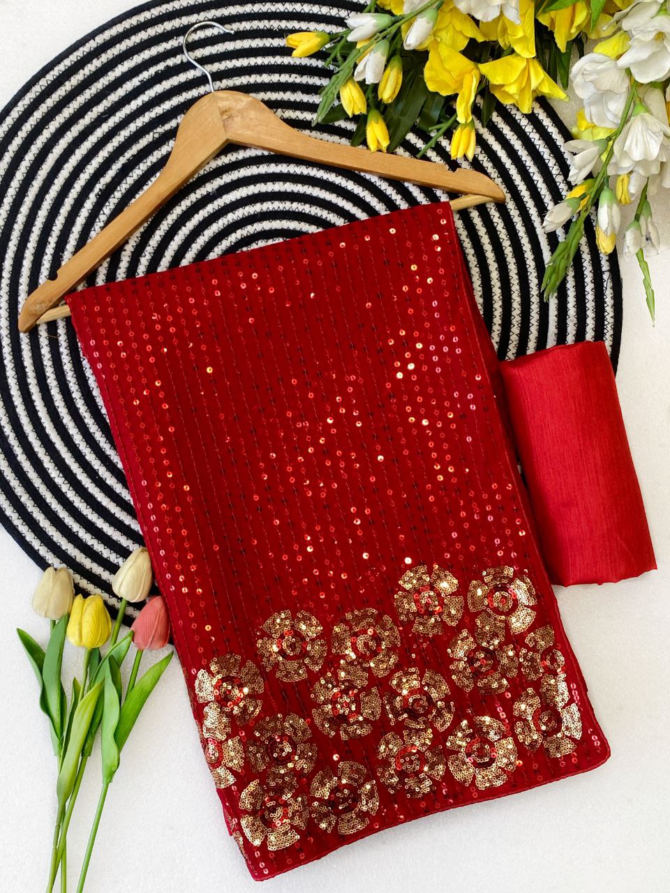 Elegant Red Sequin Saree with Multicolor Floral Border Work