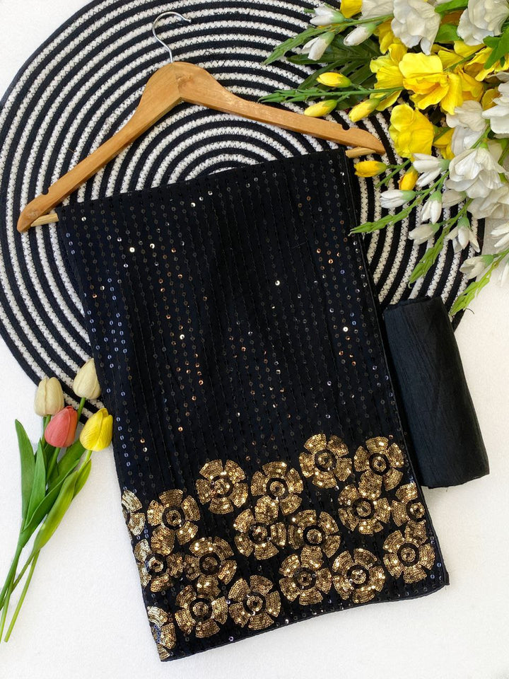 Elegant Black Sequin Saree with Multicolor Floral Border Work