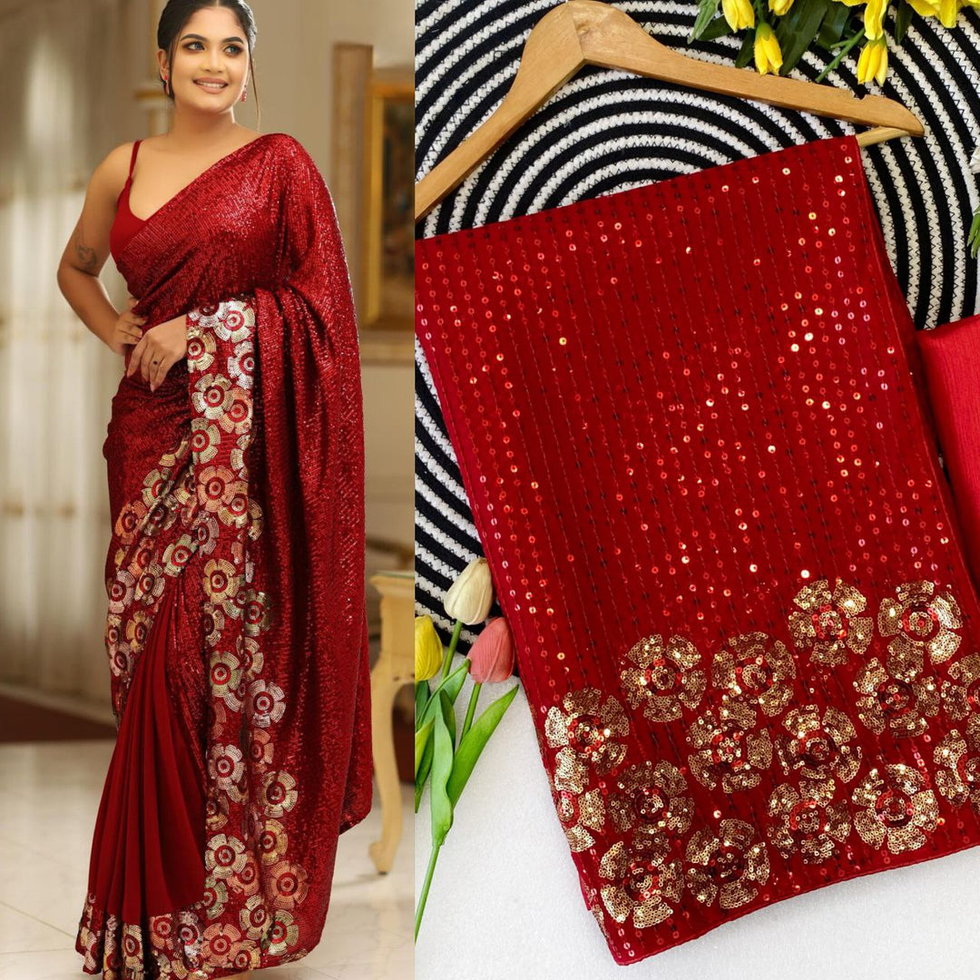 Elegant Red Sequin Saree with Multicolor Floral Border Work