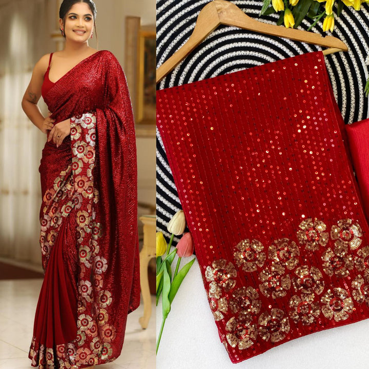 Elegant Red Sequin Saree with Multicolor Floral Border Work