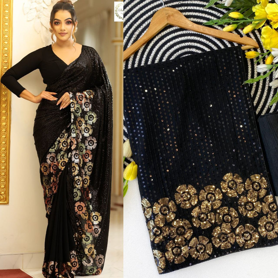 Elegant Black Sequin Saree with Multicolor Floral Border Work