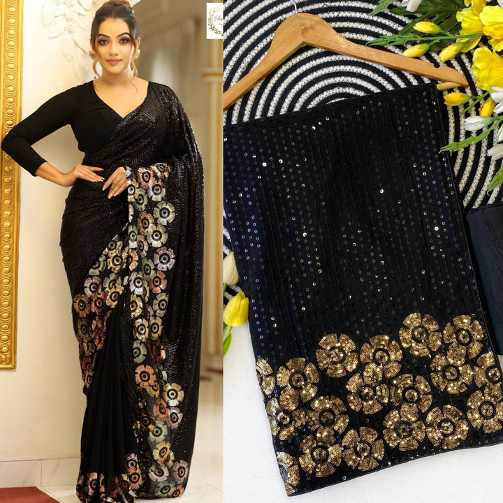 Elegant Black Sequin Saree with Multicolor Floral Border Work