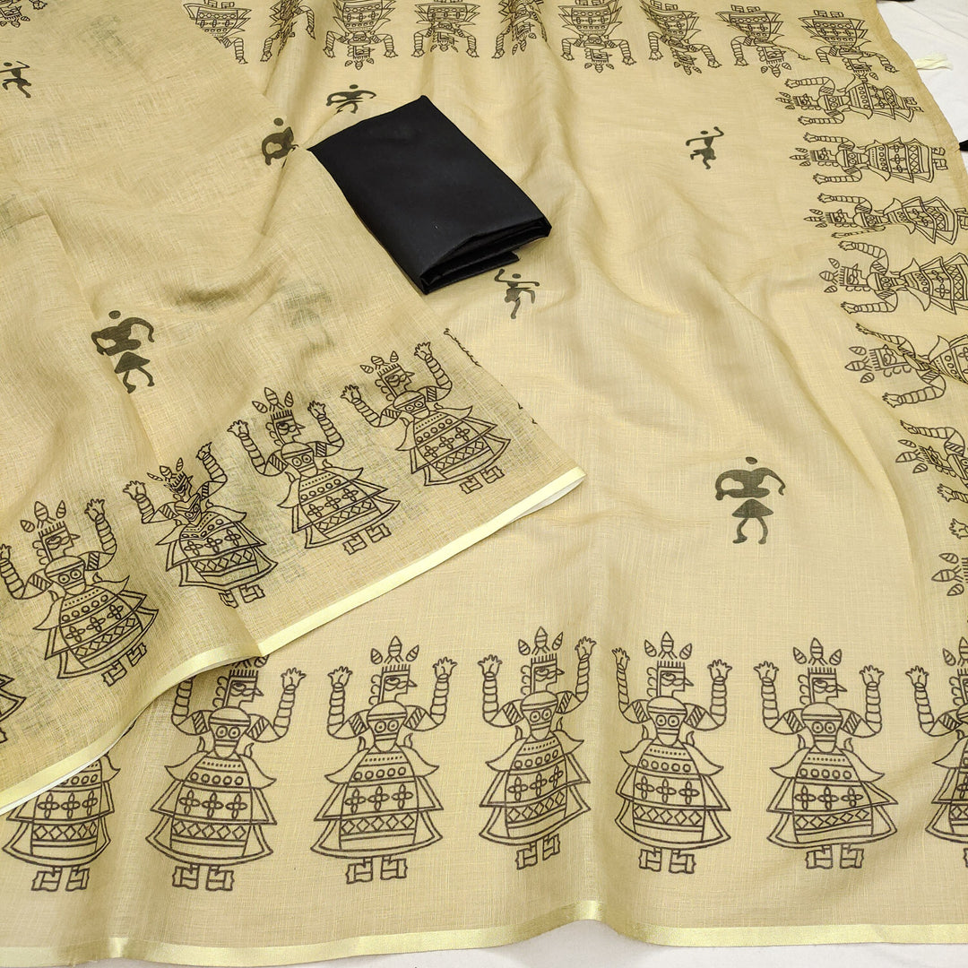 Tribal Warli Art Linen Saree