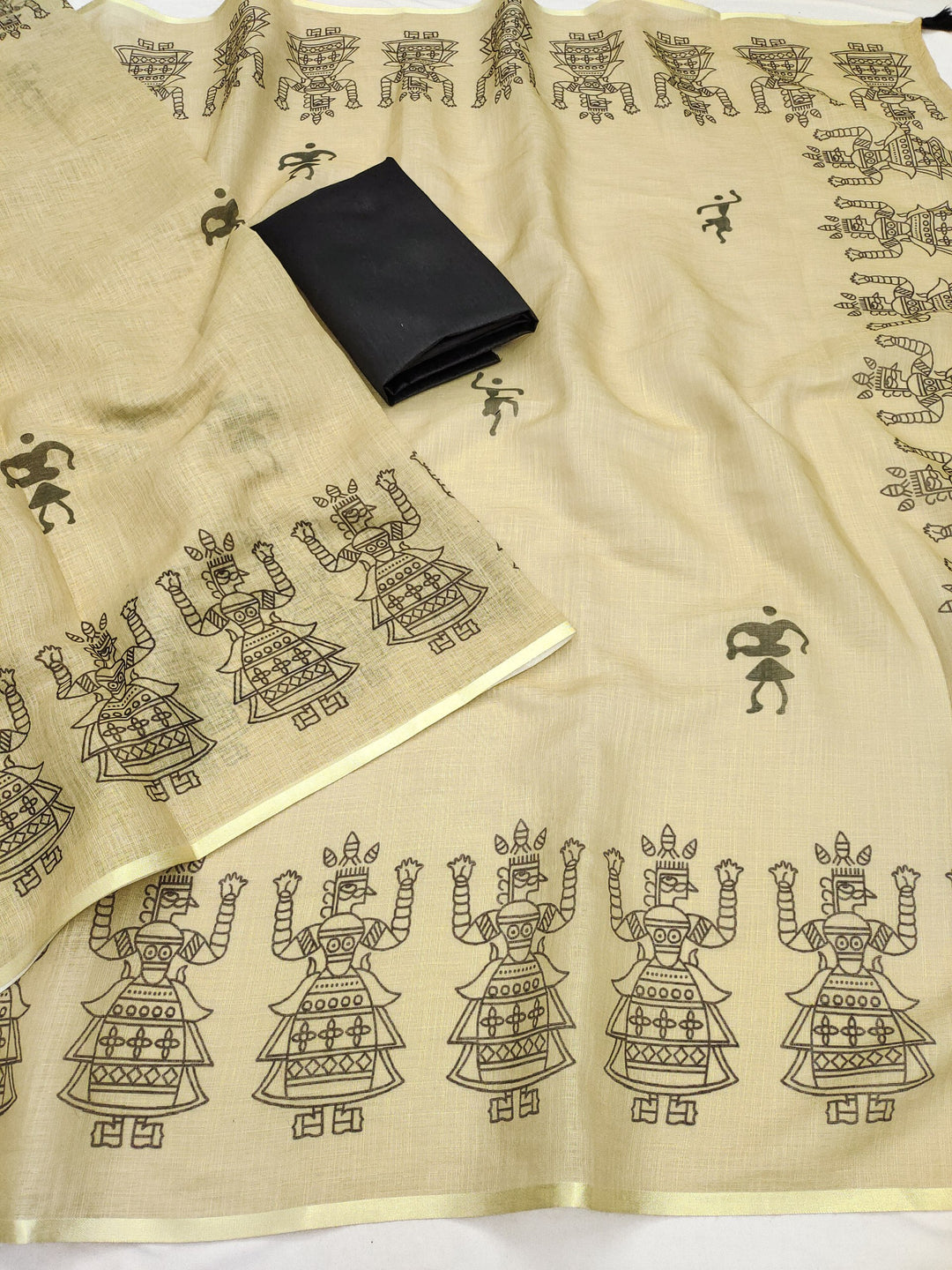Tribal Warli Art Linen Saree
