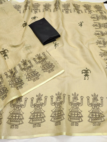 Tribal Warli Art Linen Saree