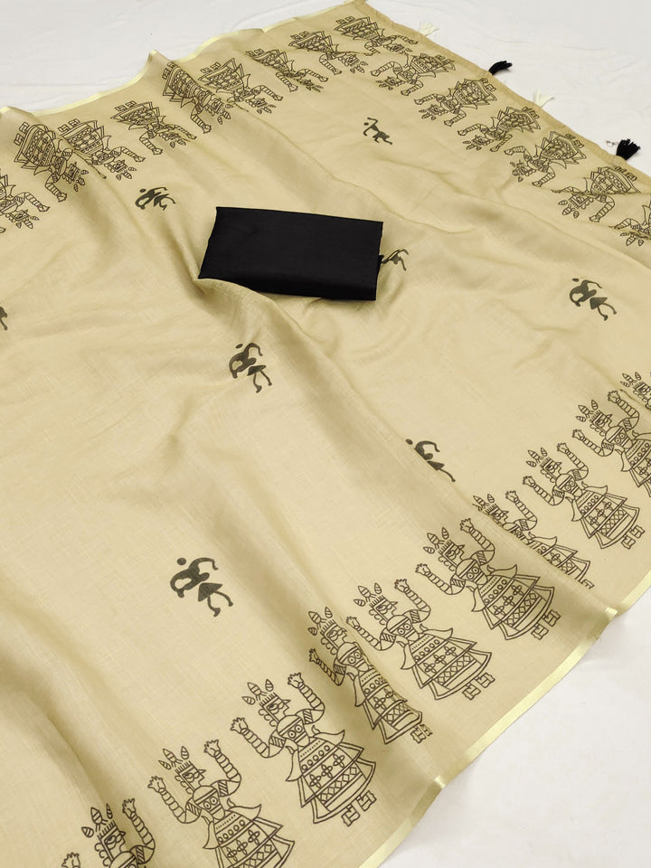 Tribal Warli Art Linen Saree