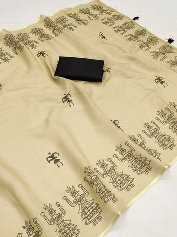 Tribal Warli Art Linen Saree