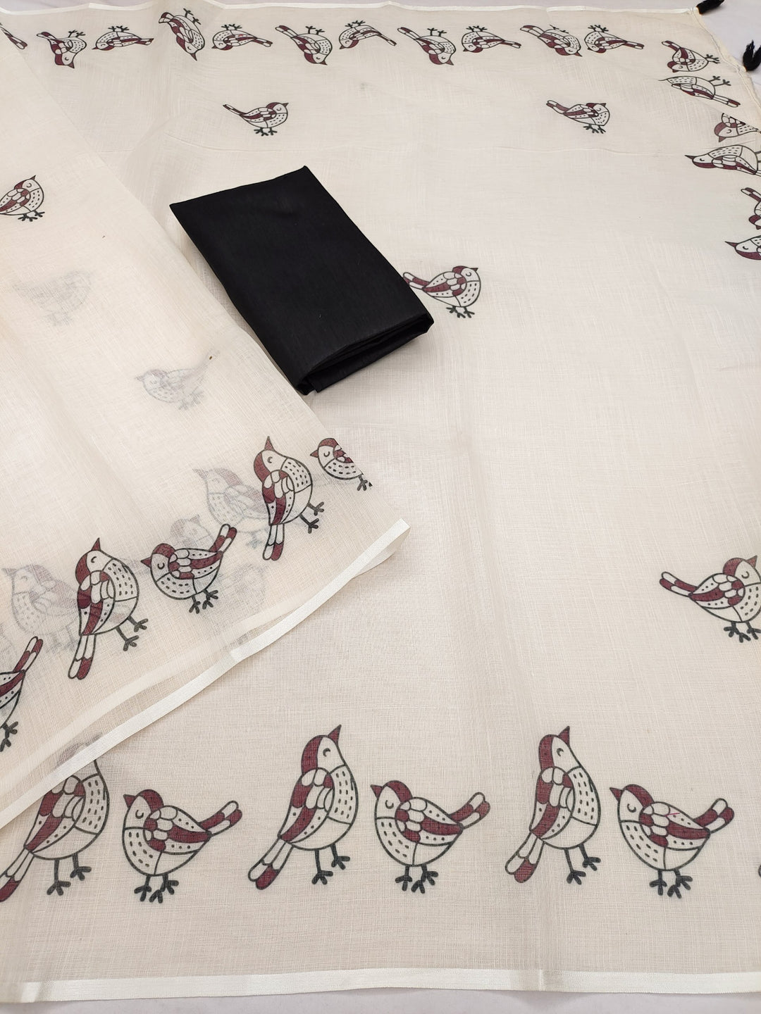 Elegant Sparrow Print Soft Linen Cotton Saree with Tassel Pallu