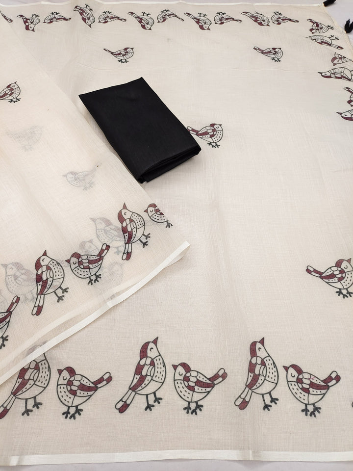 Elegant Sparrow Print Soft Linen Cotton Saree with Tassel Pallu