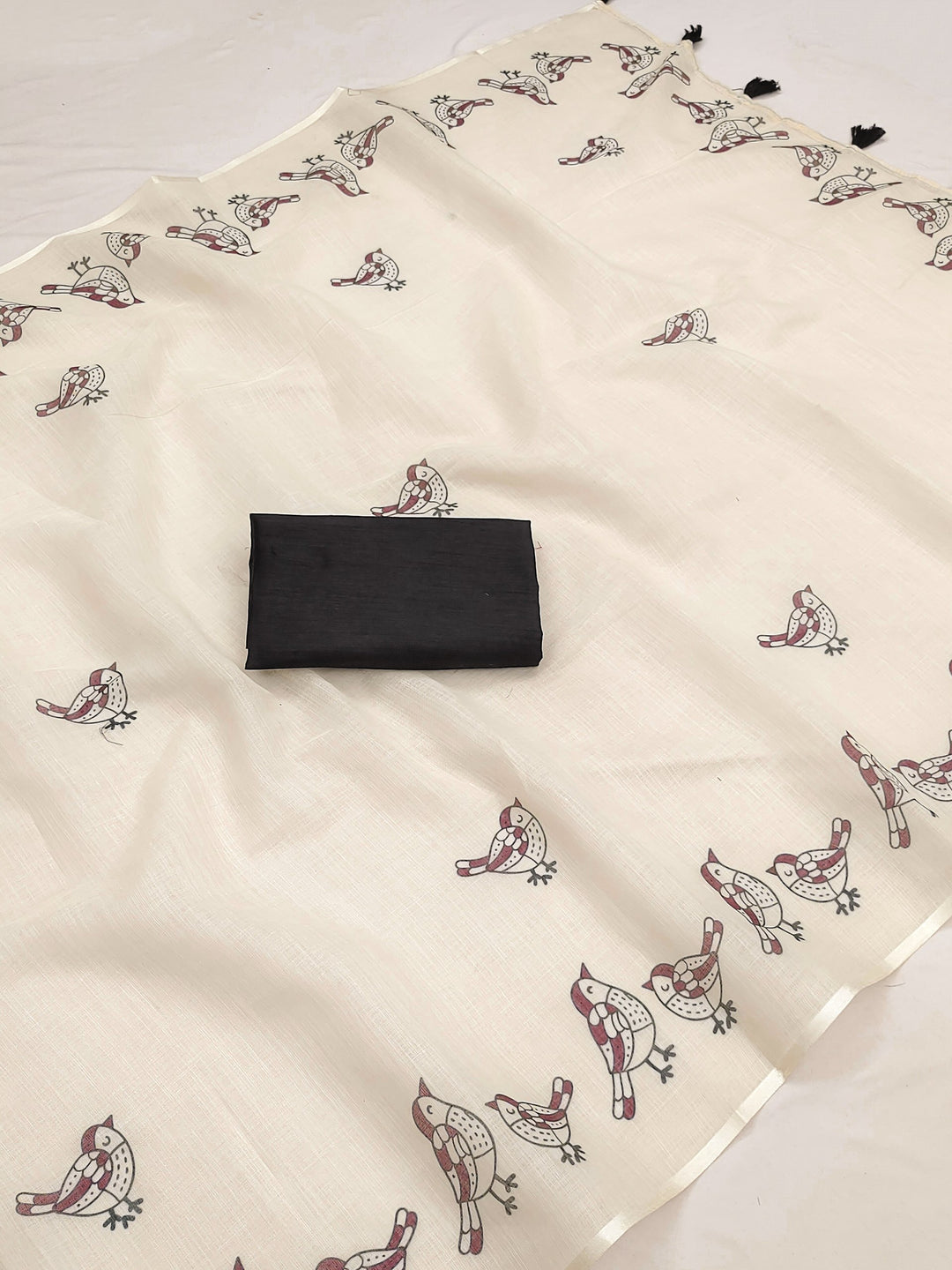 Elegant Sparrow Print Soft Linen Cotton Saree with Tassel Pallu