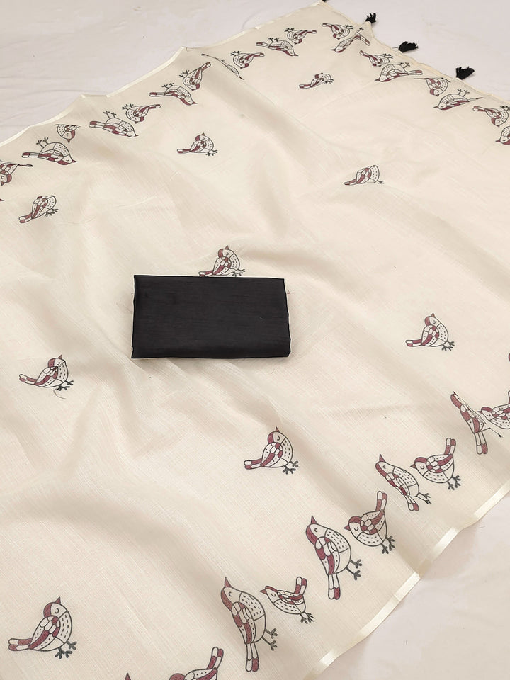 Elegant Sparrow Print Soft Linen Cotton Saree with Tassel Pallu