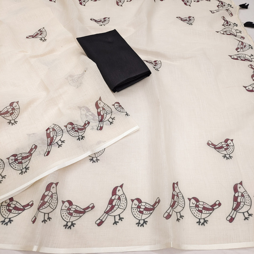 Elegant Sparrow Print Soft Linen Cotton Saree with Tassel Pallu
