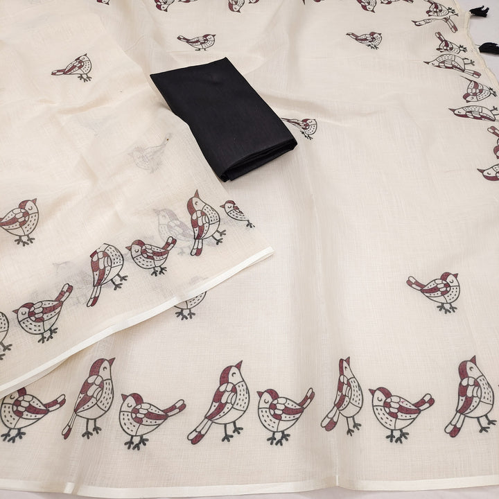 Elegant Sparrow Print Soft Linen Cotton Saree with Tassel Pallu