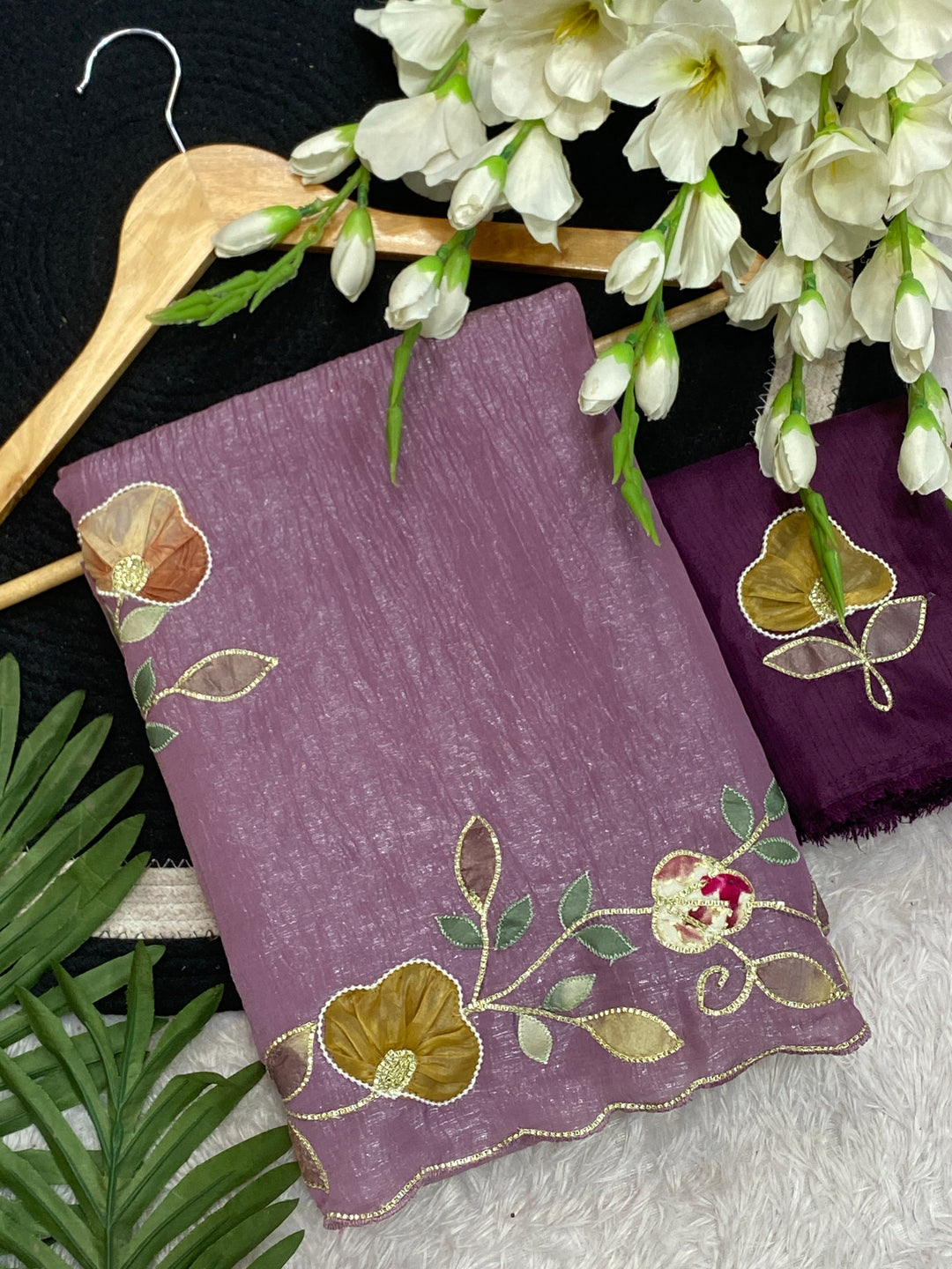 Elegant Premium Crunchy Chiffon Saree with Designer Patch &amp; Handwork Border - PURPLE