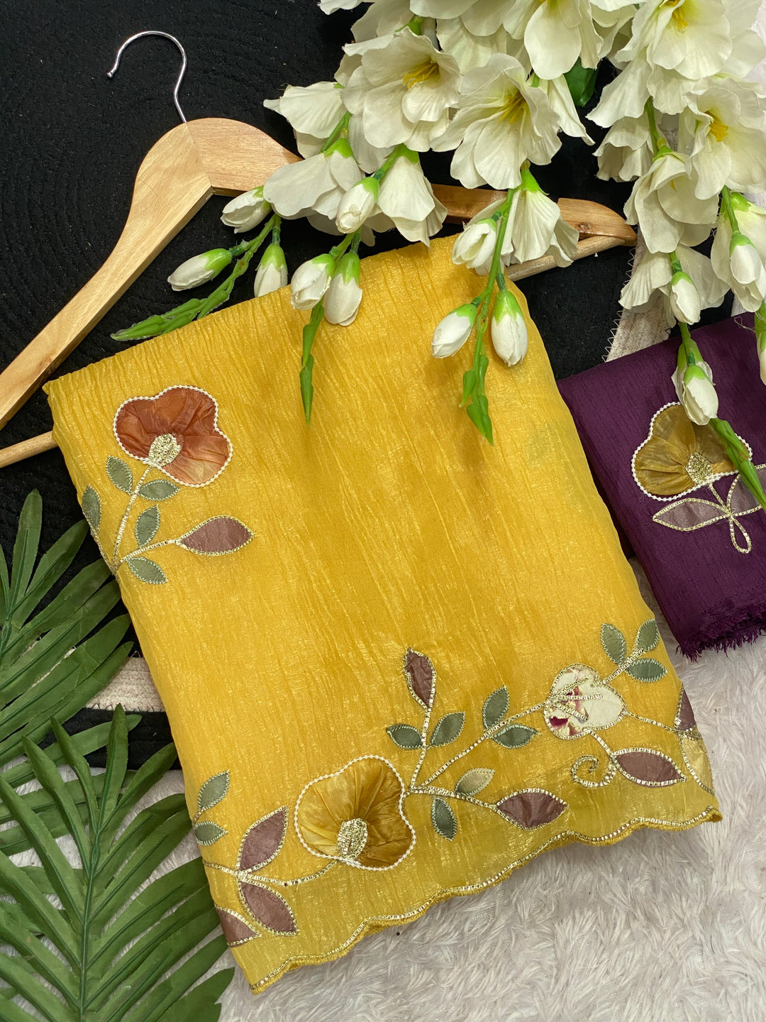 Elegant Premium Crunchy Chiffon Saree with Designer Patch &amp; Handwork Border - YELLOW