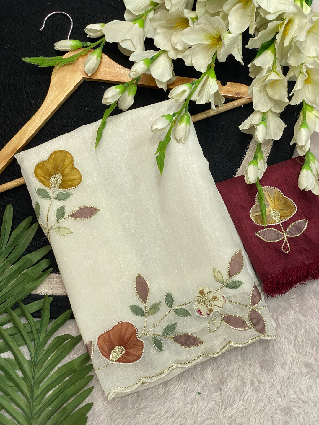 Elegant Premium Crunchy Chiffon Saree with Designer Patch &amp; Handwork Border - WHITE