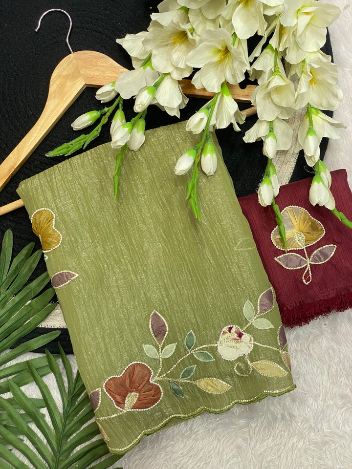 Elegant Premium Crunchy Chiffon Saree with Designer Patch &amp; Handwork Border - MAHENDI