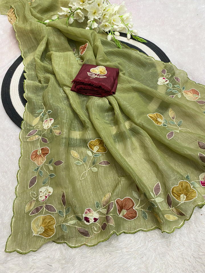 Elegant Premium Crunchy Chiffon Saree with Designer Patch &amp; Handwork Border - MAHENDI