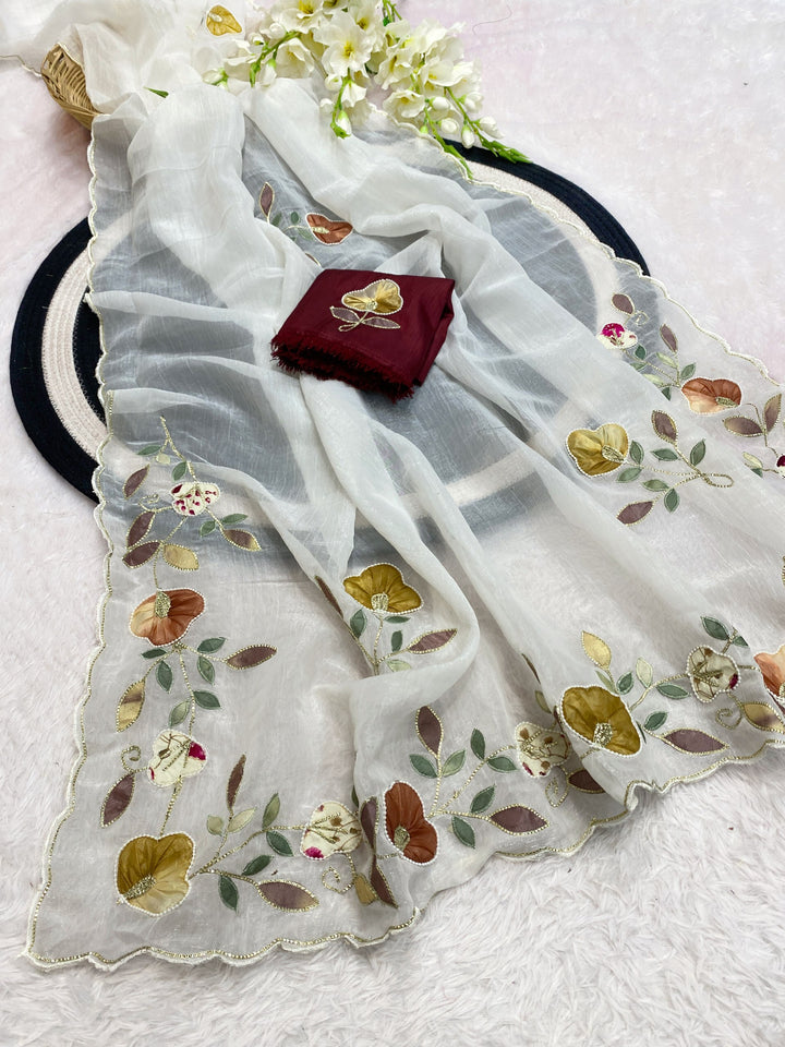 Elegant Premium Crunchy Chiffon Saree with Designer Patch &amp; Handwork Border - WHITE