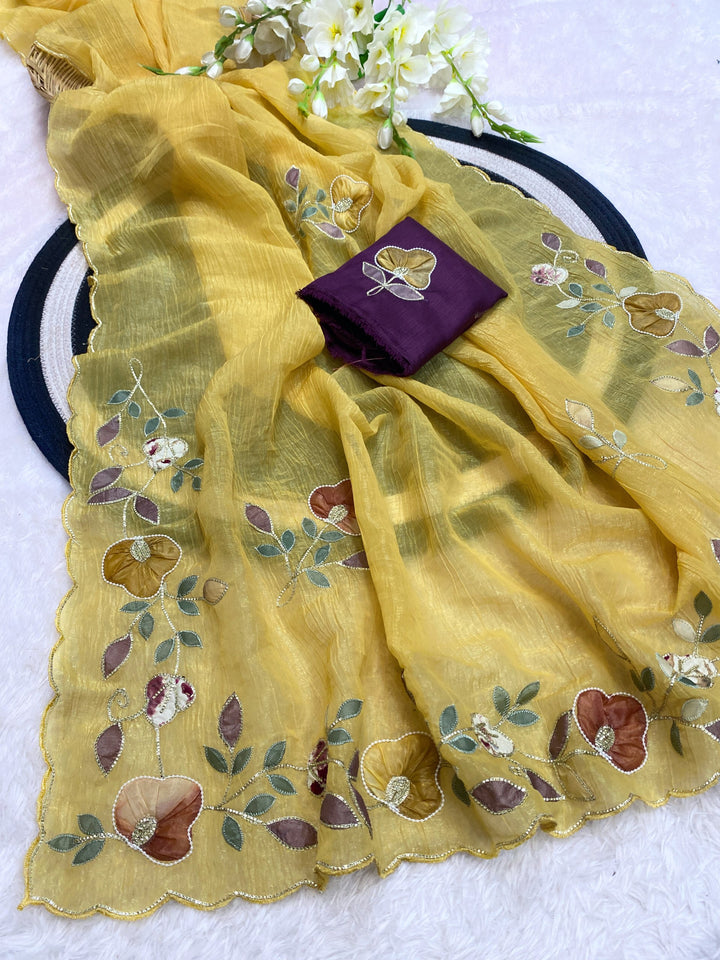 Elegant Premium Crunchy Chiffon Saree with Designer Patch &amp; Handwork Border - YELLOW