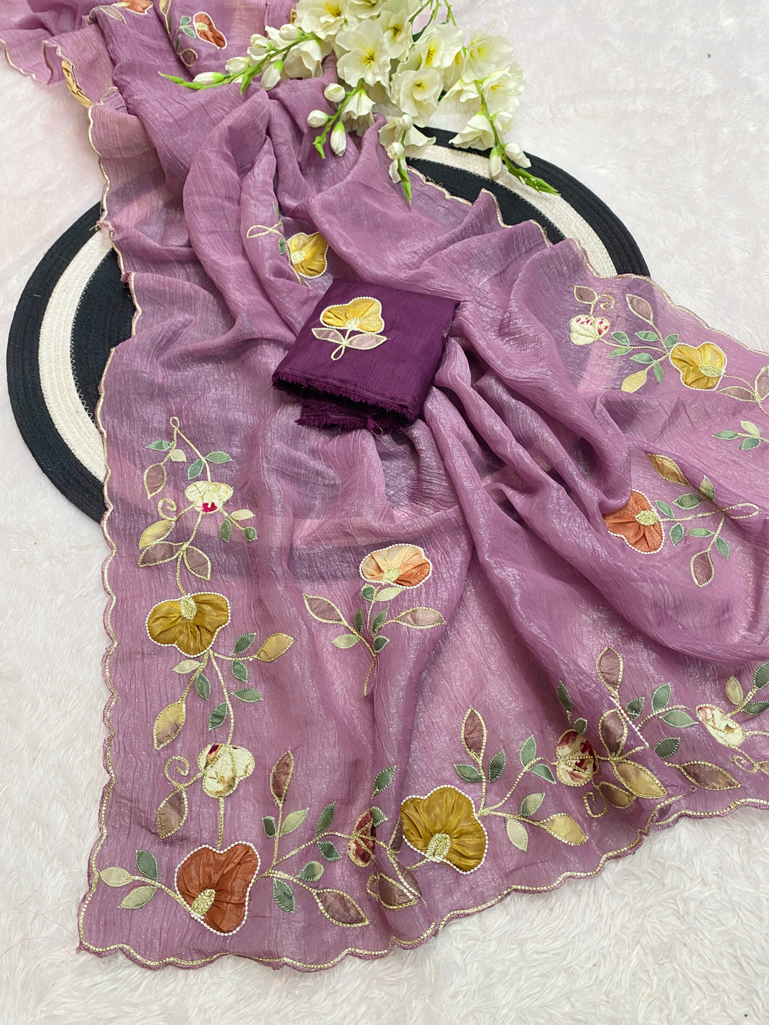 Elegant Premium Crunchy Chiffon Saree with Designer Patch &amp; Handwork Border - PURPLE