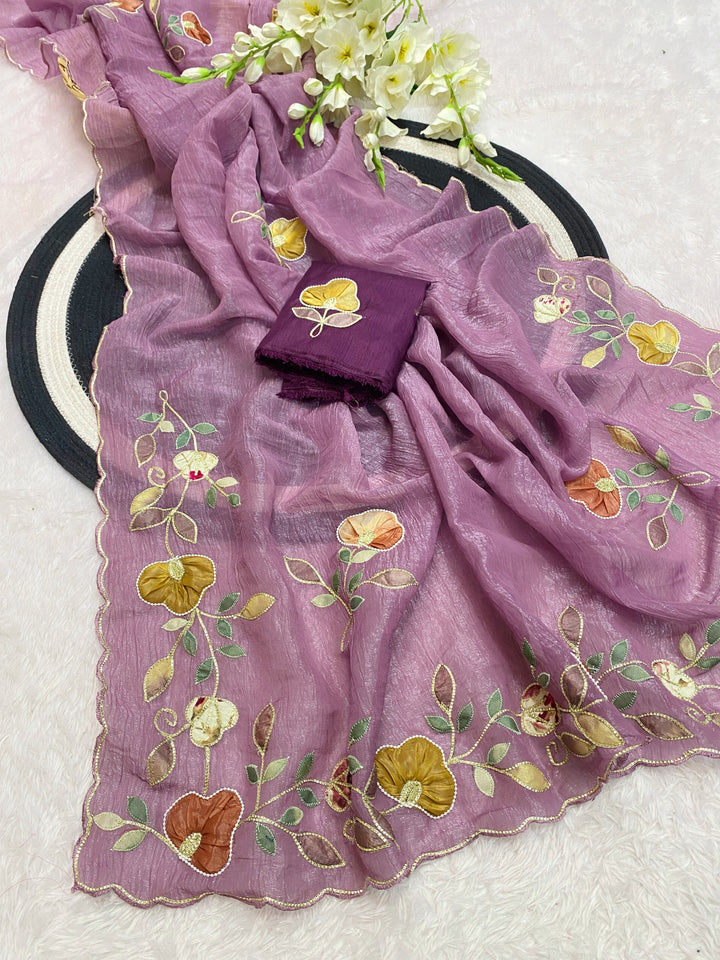 Elegant Premium Crunchy Chiffon Saree with Designer Patch &amp; Handwork Border - PURPLE