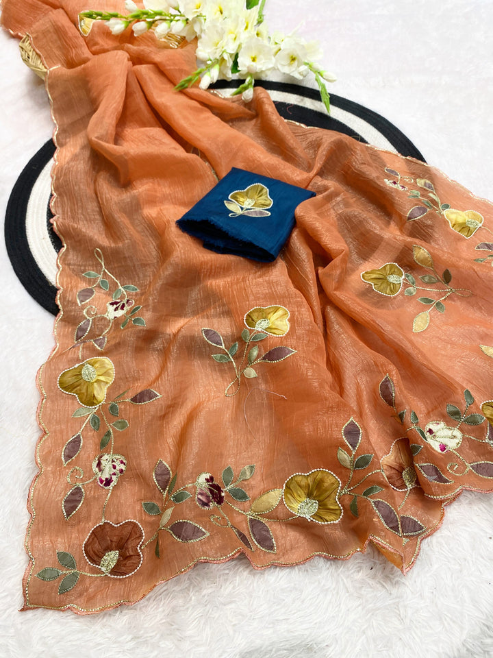 Elegant Premium Crunchy Chiffon Saree with Designer Patch &amp; Handwork Border - ORANGE