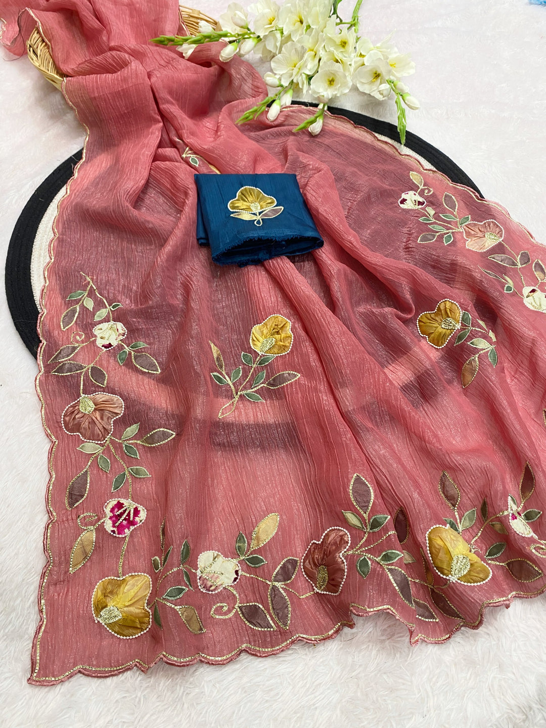 Elegant Premium Crunchy Chiffon Saree with Designer Patch &amp; Handwork Border - PEACH