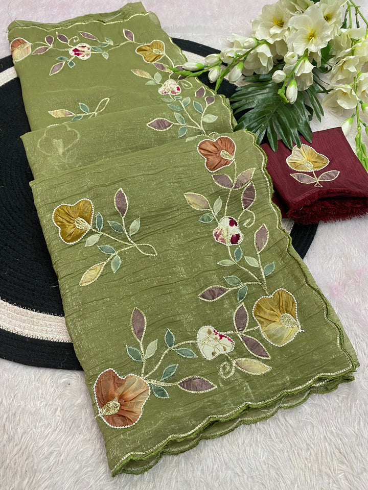 Elegant Premium Crunchy Chiffon Saree with Designer Patch &amp; Handwork Border - MAHENDI